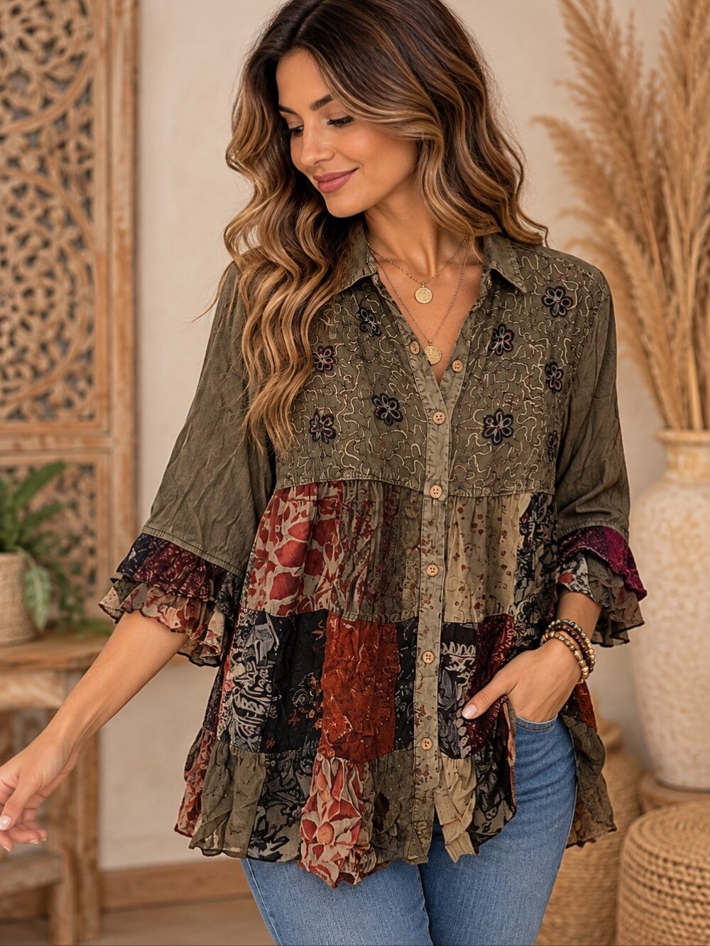 567.Bohemian Patchwork Ruffle Button-Front Top